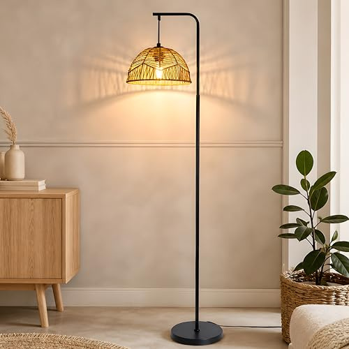 Lichtmaler Stehlampe Rattan Stehleuchte Boho Standlampe 1 Flammig | Rattan Standleuchte Schwarz Bodenlampe Wohnzimmerlampe mit Fußschalter E27 164cm Für Schlafzimmer Esszimmer Terrasse