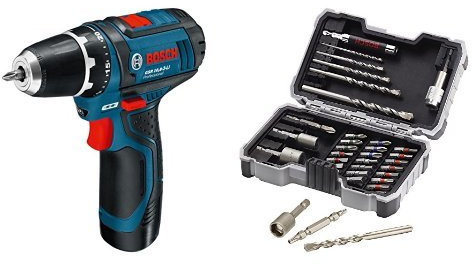 Bosch GSR 10,8-2-LI Professional - Taladro (Ión de litio, 10.8 V, 2.0 Ah, 169 mm, 178 mm, 950 g) Negro, Azul + Set de brocas y puntas de atornillar (35 piezas)