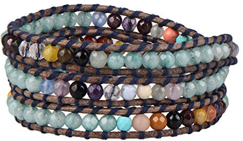 KELITCH Strang Armbänder Personalisiert Zum Männer Frau Blau Lapis Lazuli 3 Wickeln Leder Um Armband (058)