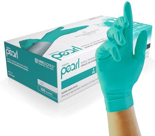 UNIGLOVES Green Pearl Nitril-Untersuchungshandschuhe - vielseitig einsetzbar, puderfreie und latexfreie Einweghandschuhe - Box mit 100 Handschuhen, Grün, Mittel (GP0043)