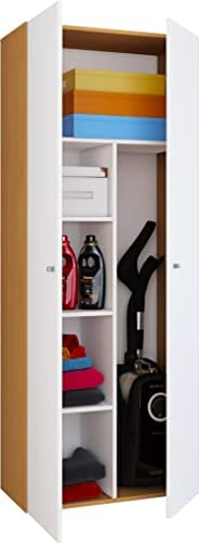 VCM Besenschrank | 6 Fächer | Maße: B. 70 x H. 178 x T. 40 cm | Haushaltsschrank | Mehrzweckschrank | Vandol Buche/Weiß