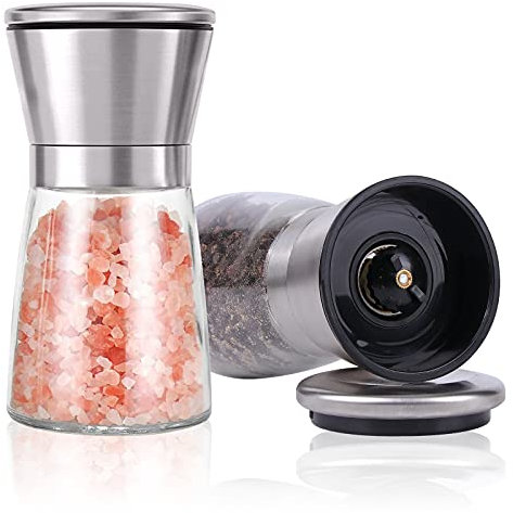 Herda Refillable Salt and Pepper Grinders - Set of 2 Pepper Mill with Stainless Steel Head and Cleaning Cloth - Short Glass Shakers with Adjustable Coarseness for Sea Salt, Black Peppercorn, Spices