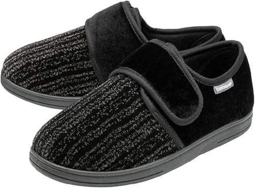 Dunlop - Mens Memory Foam Plush Fleece Lined Moccasin Slippers with Elastic Dual Side Panels - Plain Plaid Check Pattern - Orthotic Wide Fit for Swollen Feet (12 UK, Dale Black, numeric_12)