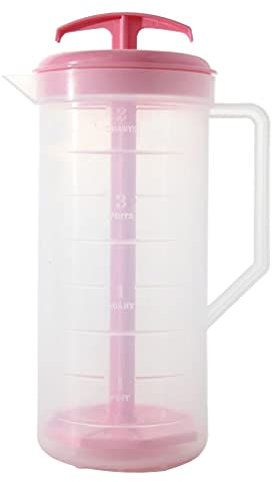 JBK Pottery 2-Quart Pink Mixing Pitcher with Plunger – BPA-Free Plastic Mixing Jug for Juice, Milk, Tea, Shakes, and More – Dishwasher-Safe, Spill-Proof Lid, Smart Stirring Design