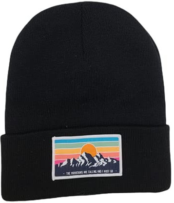 Vintage Style Beanie The Mountains are Calling and I Must Go Woven Patch, Schwarz, Einheitsgröße