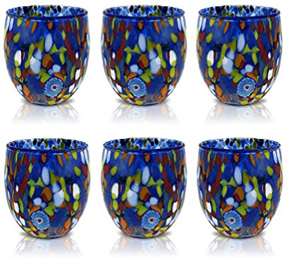 MAZZEGA ART & DESIGN - 6 Bicchieri da Acqua Classic in Vetro Soffiati e Lavorati a Mano con Murrine di Murano, linea “I Colori di Murano” 320 ml. Made in Italy (BLU, 6)