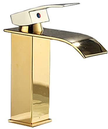 WPHH Robinet De Salle De Bain Cascade, Robinet De Lavabo Carré À Une Poignée, Mitigeur De Lavabo en Céramique en Laiton, Robinet Mélangeur d'eau Froide Et Chaude Monotrou,d'or