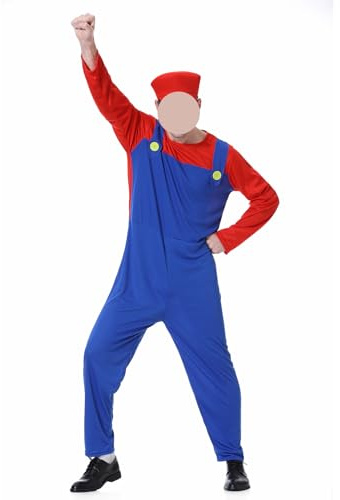 COXNSXX Klempner Brüder Kostüm, Cosplay Kostüm mit Hut und Schnurrbart, geeignet für Cosplay Karneval und Mottopartys