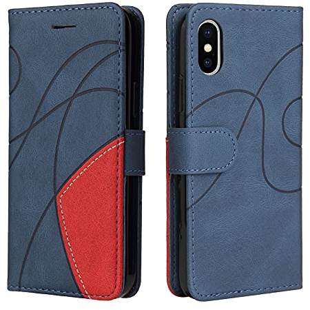 Fatcatparadise Cover per iPhone XS/iPhone X (5,8 Pollici), Flip Caso in PU Pelle Case Cover Libro Portafoglio Protettiva Custodia con TPU Antiurto,[Kickstand][Slot per Schede][Magnetica] (Blu)