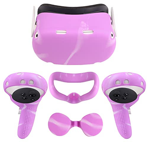 VR Silikon Cover Zubehör für Oculus Quest 2, All-in-One Set Schutzhülle, Controller Grip Cover mit Verstellbarem Lederband, Gesichtsabdeckung und Objektiv Schutz