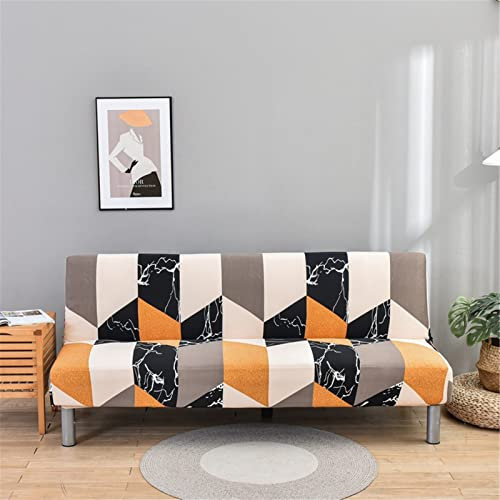 Surwin Sofabezug ohne Armlehnen Stretch Armlose Sofabettüberzug Antirutsch Clic Clac Sofahusse Schonbezug Protector für Klappcouch Schlafsofa mit 2-3 Sitzplätzen (Orange Patchwork,2 Sitzer)