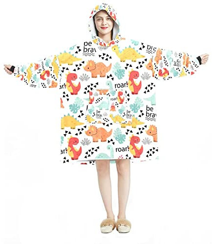 Motiv Colore Dinosaures Mots Doodle Wearable Blanket Hoodie,Oversized Kapuzendecke Sweatshirt, Mehrfarbig, Einheitsgröße