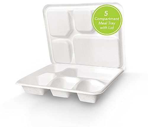 three leaf Mahlzeitentablett mit 5 Fächern und Deckel, 200 Sets, strapazierfähig, super stark, natürlich, umweltfreundlich, Einweg-Bagasse-Tablett mit Tellern, 100 % biologisch abbaubare Teller