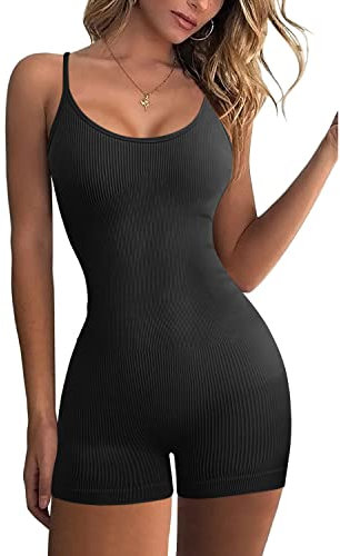 JN JANPRINT Sport Jumpsuit Damen Kurz Eng Ärmellose Yoga Romper Gerippt Spaghetti Strap Bodycon Jumpsuits Sportanzug Workout Einteiler Hosenanzug Trainingsanzug