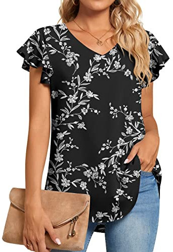 TAOHUADAO Womens 2024 Summer Casual Dressy Shirts V Neck Tunic Ruffle Short Sleeve Chiffon Tops Comfy Blouse X-Large, Black White Flower