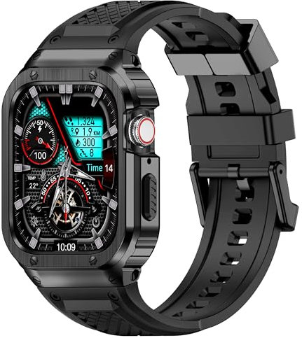 Deczone Cinturino con cassa in acciaio inossidabile compatibile con Apple Watch Series Ultra 1 2 3 49 mm, cinturino iWatch, custodia protettiva in metallo robusto da uomo (nero)