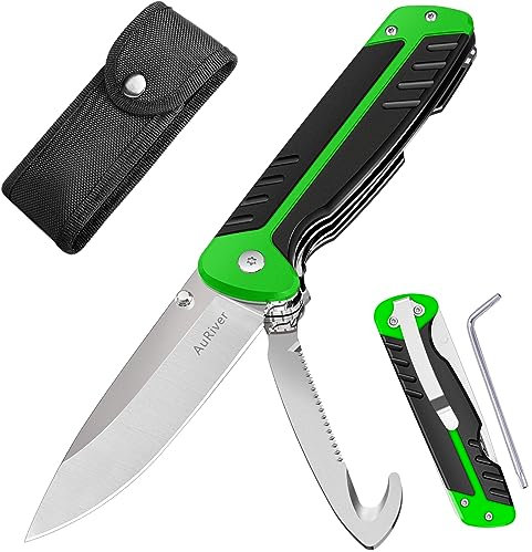 AuRiver Couteau pliant tranchant, couteau de poche avec scie, couteau pliant multi-outils, couteau de survie en plein air (3 fonctions, lame en acier inoxydable à une main (Noir + Vert)