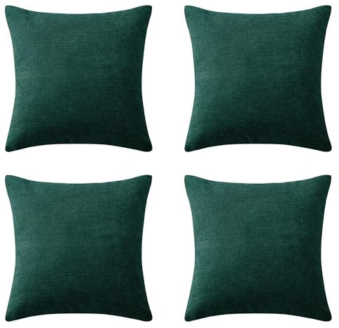 Hafaa Cushions with Covers Included 45 x 45 Cm Pack of 4 (4 Emerald Cushion Covers, 4 Cushion Inserts) - Stripe Velvet Square Throw Pillow Case Decorative Sofa Cushion with Invisible Zipper