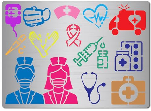 GORGECRAFT 14x19cm Krankenschwester-Metallschablonen Medizinisches Thema Krankenschwestertag Spritze Thermometer Maske Regenschirm Edelstahl Dekorationswerkzeug Vorlage Für Holzverbrennung Basteln