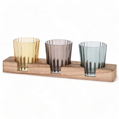 MIJOMA Juego de 4 portavelas con bandeja de madera, encantador portavelas de cristal estriado, elegante decoración de mesa y portavelas para interiores, diseño moderno y accesorio para el hogar