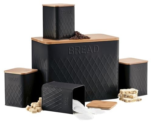 Cooks Professional 5 Piece Tea, Coffee, Sugar, Biscuit & Bread Square Cannister Set with Bamboo Lids | Diamond Pattern Labelled Stainless Steel Kitchen Storage Bins Airtight Containers | Black