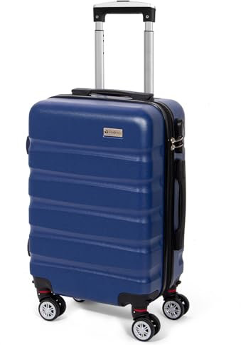 Todeco Valise Cabine 56cm, Rigide e Légère ABS+PC Valise à Main légère avec Coque Rigide, Valise de Voyage, avec 4 Doubles Roues, 56x36x22cm, Bleu foncé
