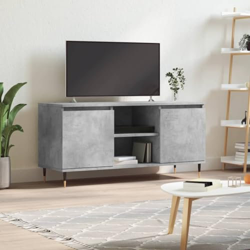 TJROO Mueble para TV gris hormigón, 104 x 35 x 50 cm, madera multicapa y hierro, mueble Televisión, mueble bajo con puertas mueble TV vitrina móvil con puertas mueble TV consola TV TV estante bajo TV