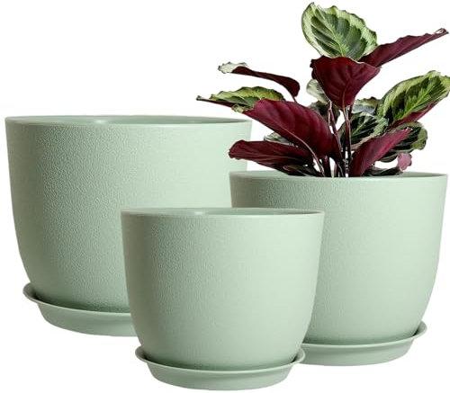 PROFIKLA 30cm, 25cm,23cm Plastic Plant Pots, Pack of 3 Planters, Large Plant Pots with Drainage Holes and Saucers, Modern Decorative Flower Pots, Green