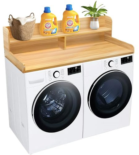 Royxen Laundry Counter with 2 Tier Shelf, Universal Size, Washing Machine and Tumble Dryer Worktop with Storage, Shelf Height 30cm, Solid Wood, Oak