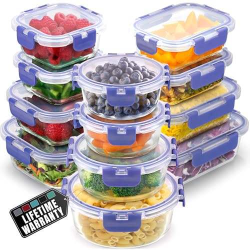 Zulay Lot de 12 boîtes de conservation alimentaire en verre avec couvercles – Verre borosilicate durable, hermétique, sans BPA, empilables, passent au micro-ondes, pervenche