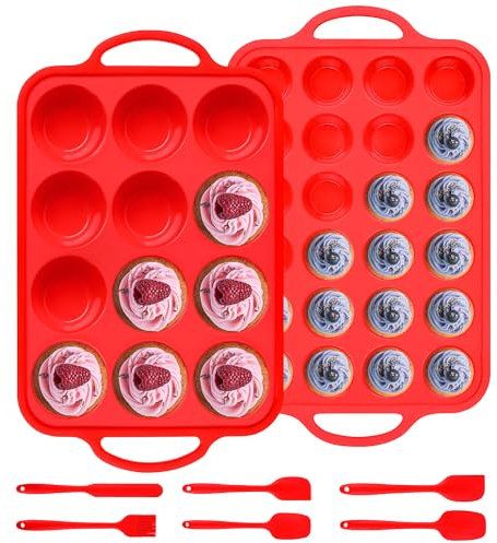 AOTASO Lot de 8 moules à muffins en silicone, 12 tasses standard et 24 mini moules à muffins antiadhésifs avec 6 ustensiles, moule à muffins en silicone pour la cuisson avec cadre renforcé en métal