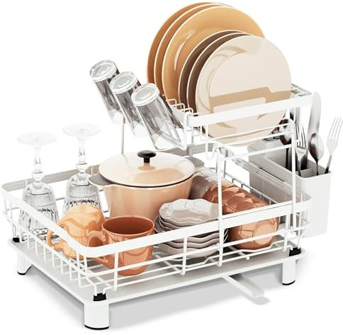 JUPPLIES Escurreplatos de 2 Niveles con Soporte para Utensilios Extraíble, Portavasos y Estante de Gran Capacidad - Escurridor de Platos con Boquilla de Drenaje Automático - 33x43x33cm - Blanco