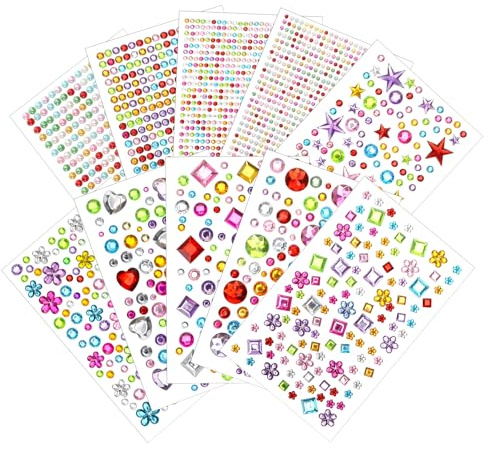 3000 Stück Glitzersteine Selbstklebend, Strasssteine Selbstklebend Acryl, 10 Blätter Bunt Selbstklebende Schmucksteine Aufkleber, 3mm 5mm DIY Verschiedene Formen Crystal Edelstein Aufkleber für Kinde