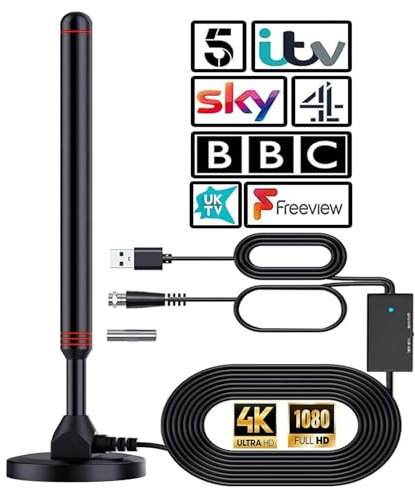 TV Aerial -2024 New upgrade -High Gain Indoor TV Aerial HD Portable Indoor/Outdoor Digital HD Antenna for USB TV Tuner/DVB-T/DVB-T2, 4K 1080P HDTV for All TV - With Magnetic Base [Black]