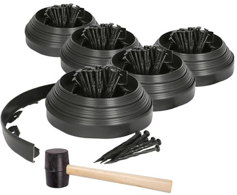 5X Flexible Rasen- und Wegkanten aus Kunststoff mit 40 Heringe und Schlägel - 50m x 4cm - Schwarz - Garten Gras Blume Pflanze Bett Stein Grenze Rand Rollen - Von Harbour Housewares