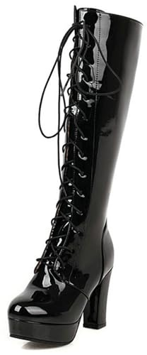 MiaZane Chelsea Boots für Damen – Chunky Heel mit wasserdichtem Plateau – Trendiges Obermaterial aus Lack – Ideal für Freizeitkleidung – Mehrere Farben erhältlich,Schwarz,48 EU