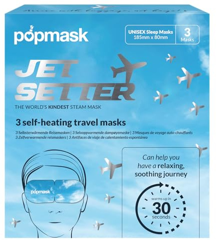 Popmask Jet Setter Self-Heating Travel Eye Mask, Natural Heat Relief for Migraines, Headaches, Allergies, and Dry Eyes, 3 Individually Packaged Eye Masks