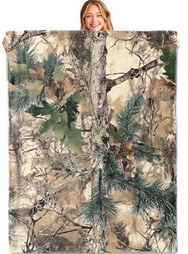 MIEPOS Überwurfdecke mit Camouflage-Muster, 152,4 x 203,2 cm, weich, leicht, Flanell, Camouflage-Tiefernzweige, Eichenblätter und Baumrinden-Textur, Geschenke für Damen und Herren, für die Jagd