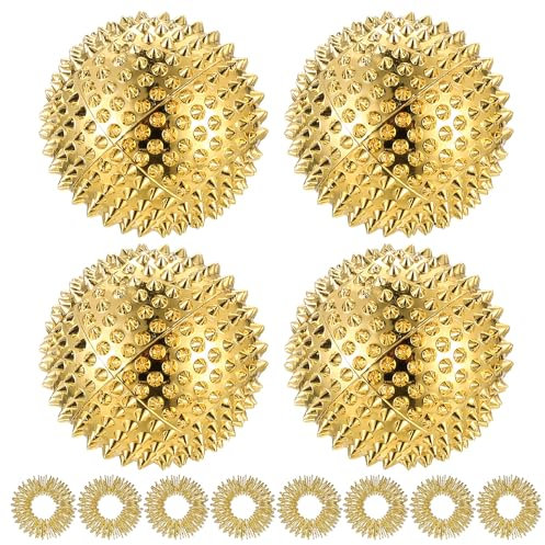 4 Igelball Akupressur Ball & 8 Akupressur Ringe, Skills Borderline Set, Akkupressurringe für Finger Massagegerät Metall, Hedgehog Igelbälle Set, Armbänd für Stress Relief(Gold)