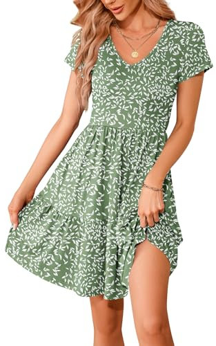 WNEEDU Women's Summer Dress V Neck Short Sleeve Casual Dress Pleated Hem Knee Length T-Shirt Dresses with Pockets Olive Green Leaf L