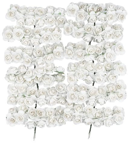 Kleine künstliche Rosen aus Papier | Deko-Blüten mit Draht-Stiel zum Befestigen | Rosenköpfe ca. Ø 2 cm | Kunstrosen, Deko-Rosen, Kunstblumen, Drahtblumen zum Basteln | 144 Stück (weiß 2)