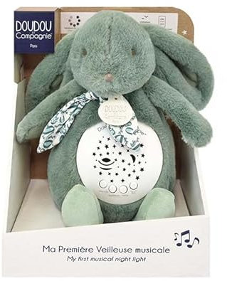 DOUDOU ET COMPAGNIE - Veilleuse Musicale Lapin vert sauge avec Projection d’Étoiles – Doudou Peluche avec Mélodies et Lumières Apaisantes – Compagnon Nuit Bébé – Idée Cadeau Naissance - DC4203