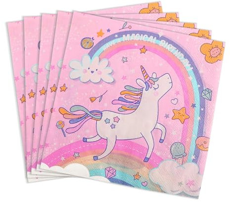 Einhorn Regenbogen Servietten 40 Stück (33x33cm) – Silkwish Papierservietten aus Holzbrei mit pflanzlicher Tinte für Kindergeburtstag & Mädchenparty, Rosa Tischdeko – Umweltfreundlich & Ungiftig