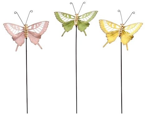 Blumenstecker - Pflanzen Deko - Deko Stecker - Gartenstecker - Blumentopf Deko - Pflanzenstecker - Tiere/Figuren (Schmetterling Metall 3St.12/45cm am Stab rosa/grün/gelb)