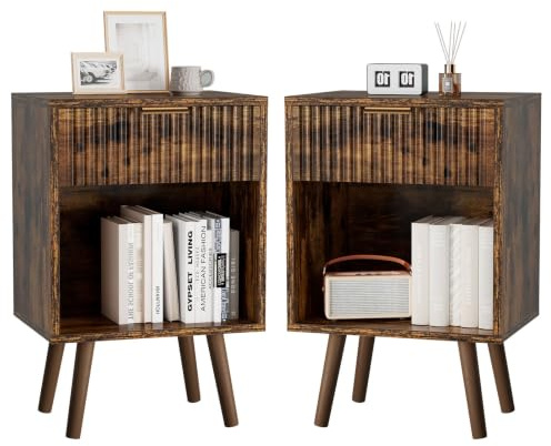 YMYNY Nachttisch 2er Set, Beistelltisch, Nachtschrank mit Stauraum, Schubladen geriffelte Fronten, Goldener Griff, Massivholz Beinen, Modern, für Schlafzimmer Wohnzimmer, Rustikales Braun HST013H-2