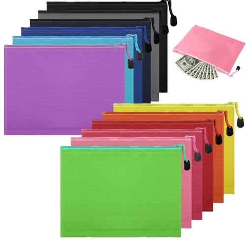 12 Stück Geldtasche, A5 Dokumententasche, Mehrfarbig, 24 x 18 cm | Banktasche,Wasserdichter Oxford-Stoff Mit Reißverschluss für Haushalt, Business, Schule