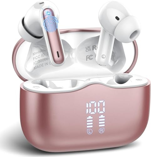 Kabellose Bluetooth Kopfhörer, in ear Kopfhörer Bluetooth 5.4 mit 4 ENC Noise Cancelling Mics, Tiefer Bass 40Std Spielzeit Kabellose Kopfhörer, IP7 Wasserdicht Sport Ohrhörer mit LED-Anzeige Roségold
