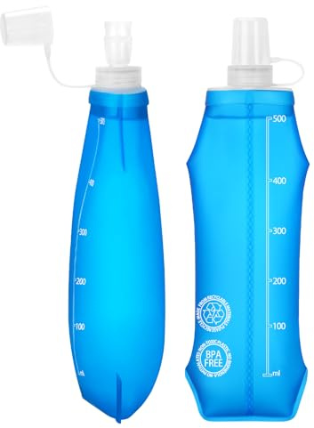Euqvunn 2 Piezas Botella Plegable - TPU Sin BPA, 250 ML Soft Flask Reutilizable - a Prueba De Polvo y Fugas, Ideal para Chaleco Hidratacion Trail Running, Correr, Senderismo, Acampada, Ciclismo