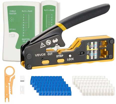 VEVOR Pinza Crimpatrice per Cavi Ethernet RJ45/RJ11/RJ12, Kit di Crimpatura per Connettori Modulari a 4/6/8 pin, con Mini Spelafili 50 Connettori e 50 Guaine, Lame Ricambio e Tester, per Cavi di Rete
