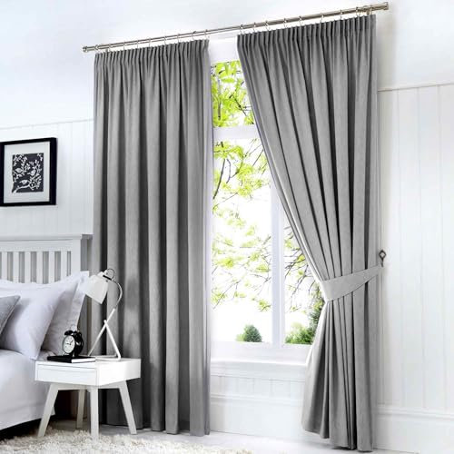 Fusion Silver Grey Blackout W66 x L54 Pencil Light Grey-2x Panels-Thermal Bedroom & Living Room-Pleated Curtains and Drapes, Fabric, 66 Width x 54 Drop (168 x 137cm)